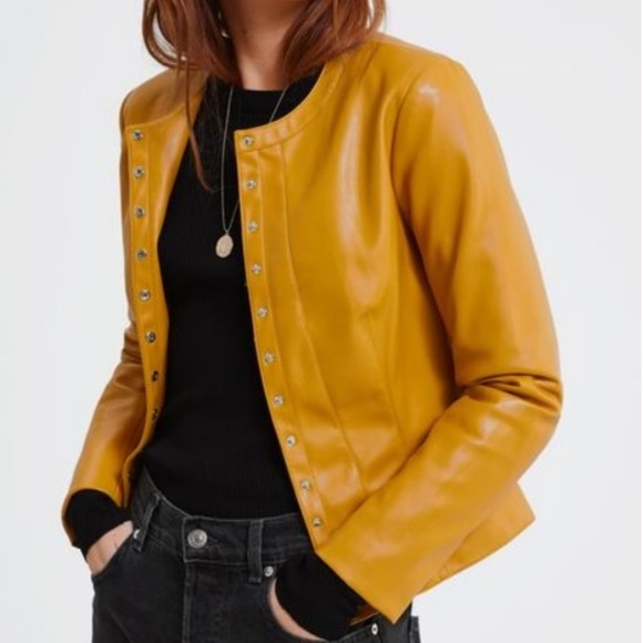 Zara Jackets & Coats Zara Mustard Yellow Faux Leather Snap Jacket